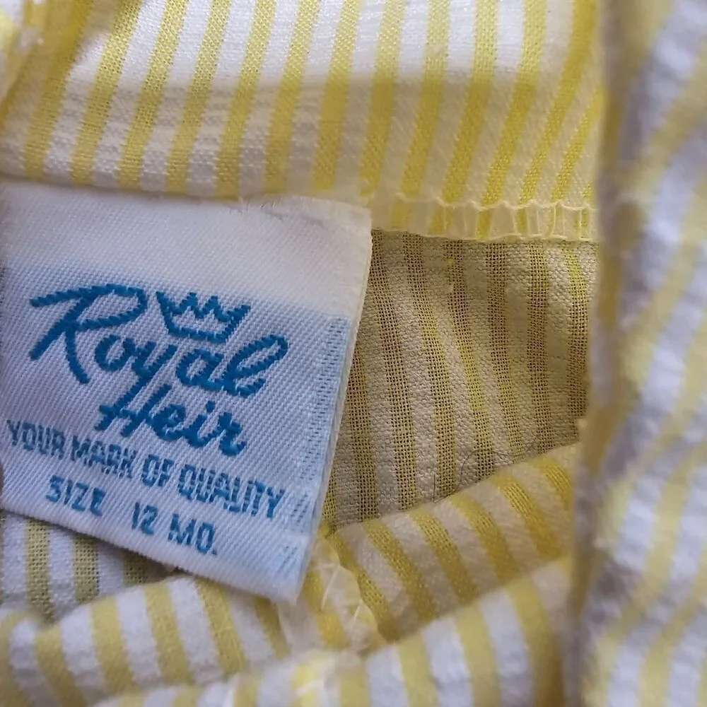 Vintage 80s 90s Pastel Yellow Striped Pink Heart Embroidery Baby Overalls